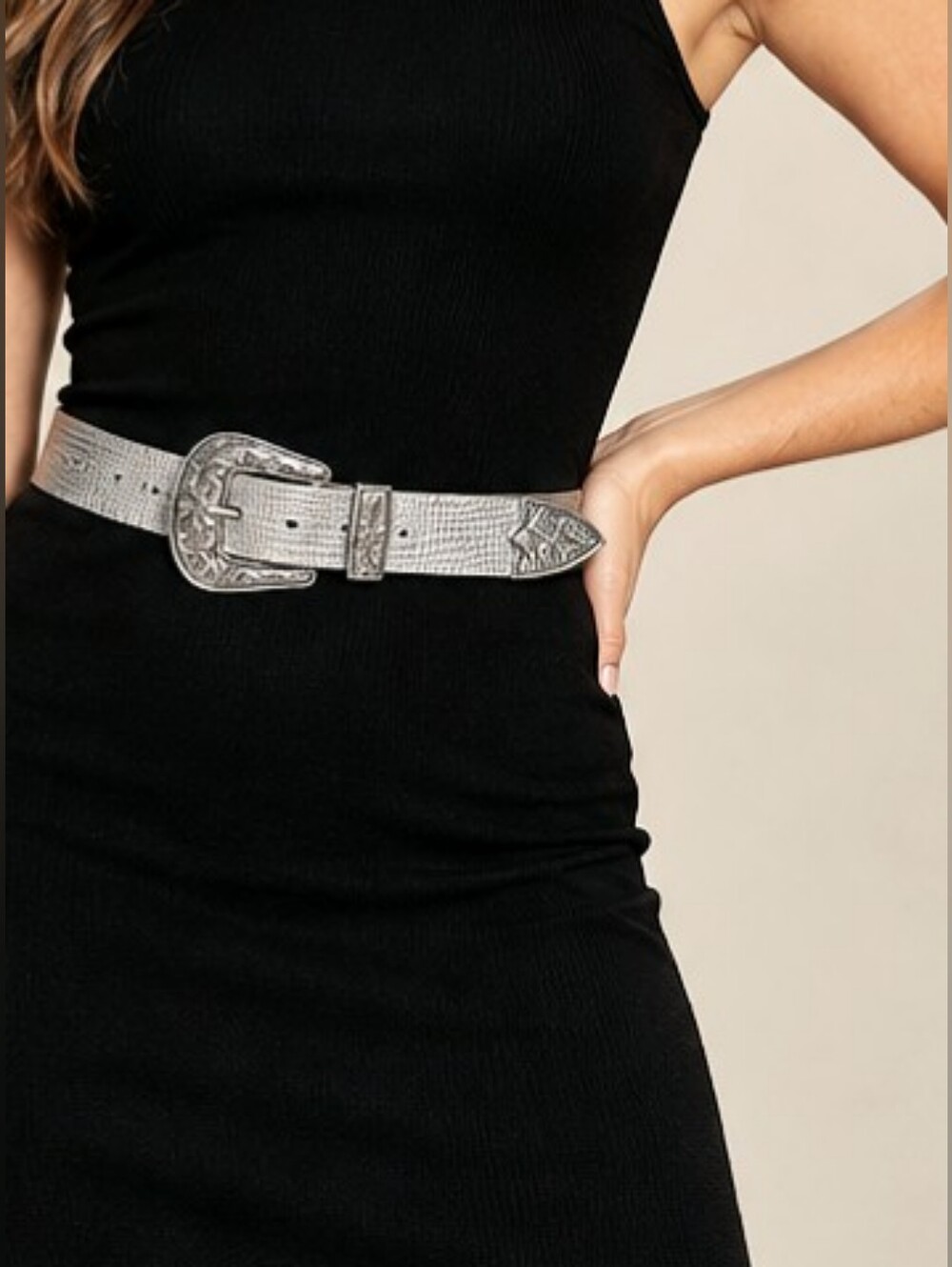 ASOS Silver Metallic Western Buckle Belt Faux Leather M/L